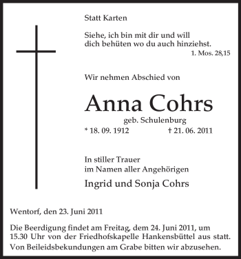 Traueranzeige von Anna Cohrs von ALLGEMEINE ZEITUNG UELZEN