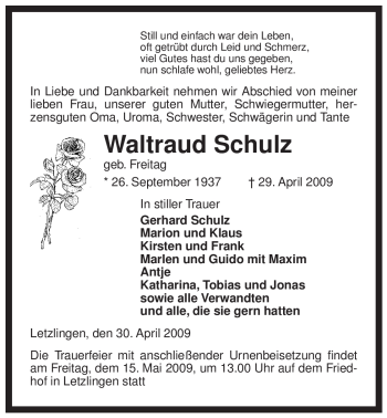 Traueranzeige von Waltraud Schulz von ALLGEMEINE ZEITUNG UELZEN