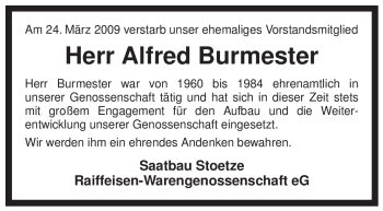 Traueranzeige von Alfred Burmester von ALLGEMEINE ZEITUNG UELZEN