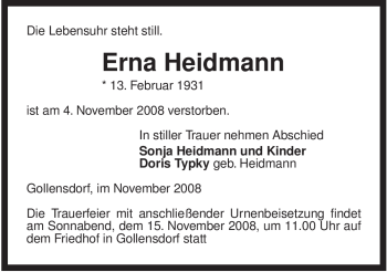 Traueranzeige von Erna Heidmann von ALLGEMEINE ZEITUNG UELZEN