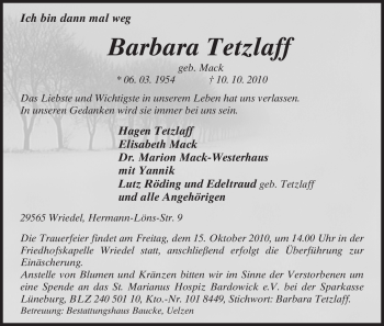 Traueranzeige von Barbara Tetzlaff von ALLGEMEINE ZEITUNG UELZEN