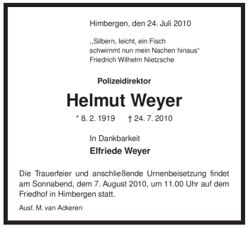 Traueranzeige von Helmut Weyer von ALLGEMEINE ZEITUNG UELZEN