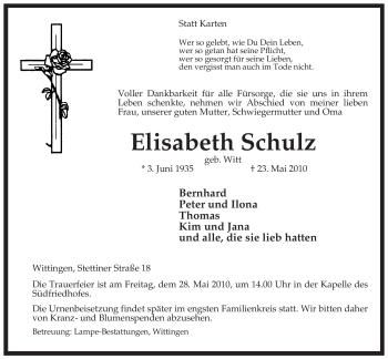 Traueranzeige von Elisabeth Schulz von ALLGEMEINE ZEITUNG UELZEN