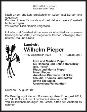 Traueranzeige von Wilhelm Pieper von ALLGEMEINE ZEITUNG UELZEN