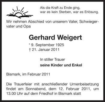 Traueranzeige von Gerhard Weigert von ALLGEMEINE ZEITUNG UELZEN