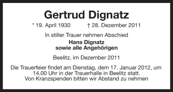 Traueranzeige von Gertrud Dignatz von ALLGEMEINE ZEITUNG UELZEN