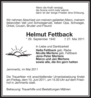 Traueranzeige von Helmut Fettback von ALLGEMEINE ZEITUNG UELZEN