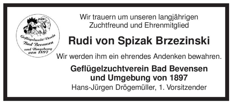  Traueranzeige für Rudi Spizak Brzezinski vom 29.09.2009 aus ALLGEMEINE ZEITUNG UELZEN