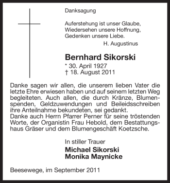 Traueranzeige von Bernhard Sikorski von ALLGEMEINE ZEITUNG UELZEN