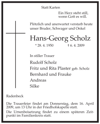 Traueranzeige von Hans-Georg Scholz von ALLGEMEINE ZEITUNG UELZEN