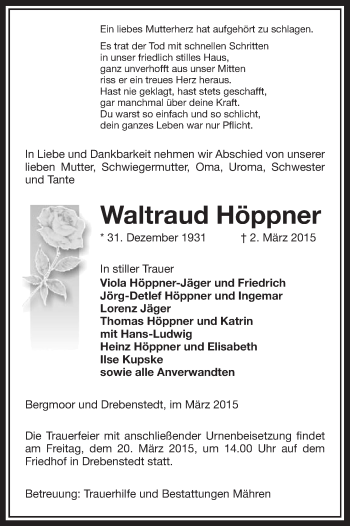 Traueranzeige von Waltraud Höppner von Uelzen