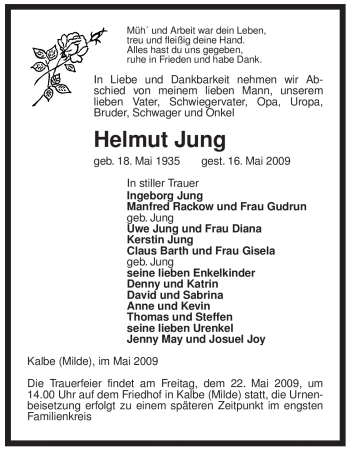 Traueranzeige von Helmut Jung von ALLGEMEINE ZEITUNG UELZEN