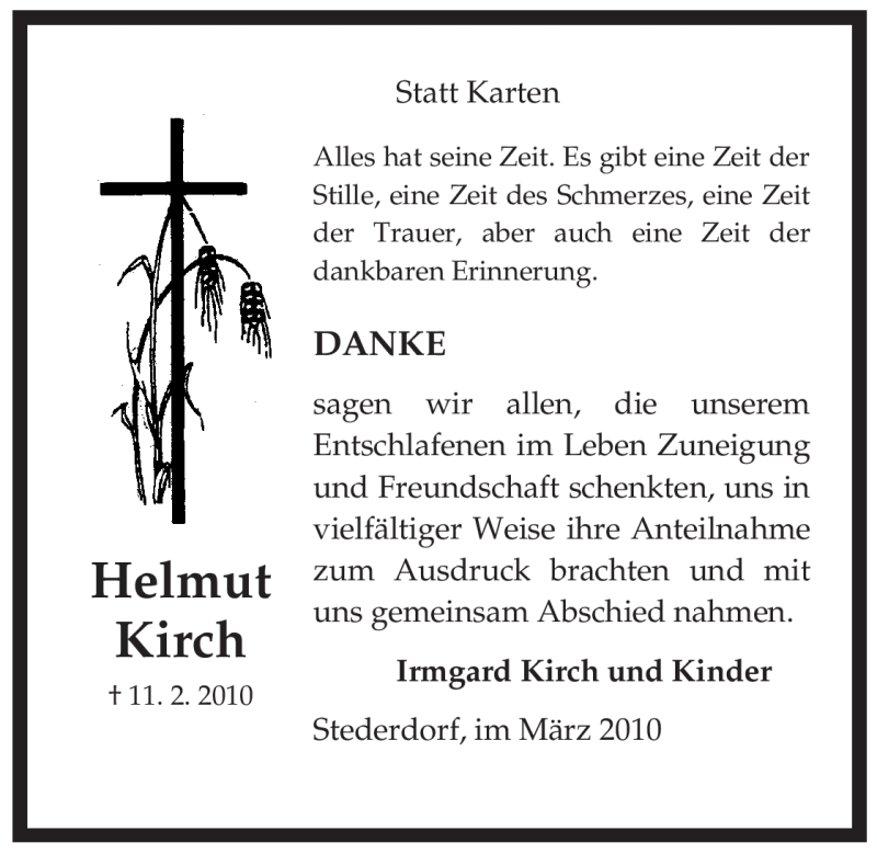 Traueranzeige für Helmut Kirch vom 06.03.2010 aus ALLGEMEINE ZEITUNG UELZEN