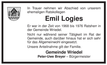 Traueranzeige von Emil Logies von ALLGEMEINE ZEITUNG UELZEN