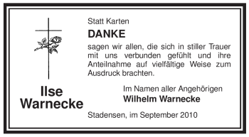 Traueranzeige von Ilse Warnecke von ALLGEMEINE ZEITUNG UELZEN