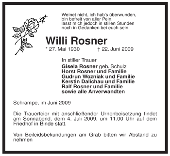 Traueranzeige von Willi Rosner von ALLGEMEINE ZEITUNG UELZEN