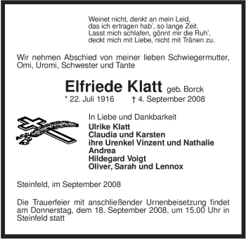 Traueranzeige von Elfriede Klatt von ALLGEMEINE ZEITUNG UELZEN