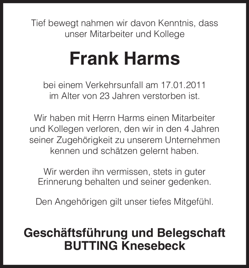  Traueranzeige für Frank Harms vom 22.01.2011 aus ALLGEMEINE ZEITUNG UELZEN