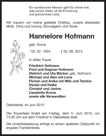 Traueranzeige von Hannelore Hofmann von Uelzen