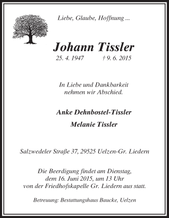 Traueranzeige von Johann Tissler von Uelzen