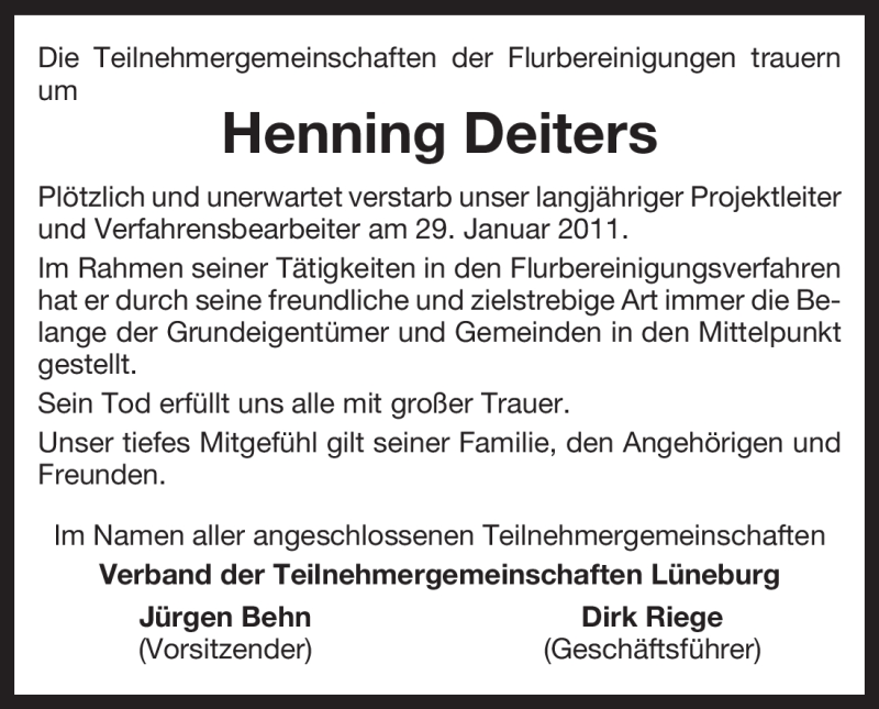  Traueranzeige für Henning Deiters vom 04.02.2011 aus ALLGEMEINE ZEITUNG UELZEN