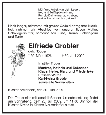 Traueranzeige von Elfriede Grobler von ALLGEMEINE ZEITUNG UELZEN