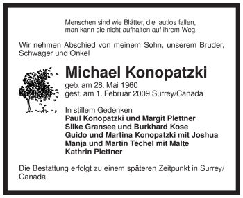 Traueranzeige von Michael Konopatzki von ALLGEMEINE ZEITUNG UELZEN