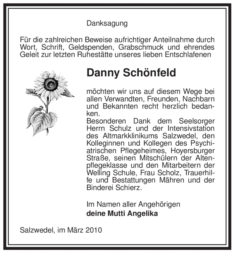  Traueranzeige für Danny Schönfeld vom 20.03.2010 aus ALLGEMEINE ZEITUNG UELZEN