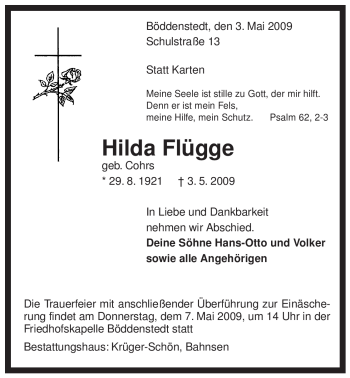 Traueranzeige von Hilda Flügge von ALLGEMEINE ZEITUNG UELZEN