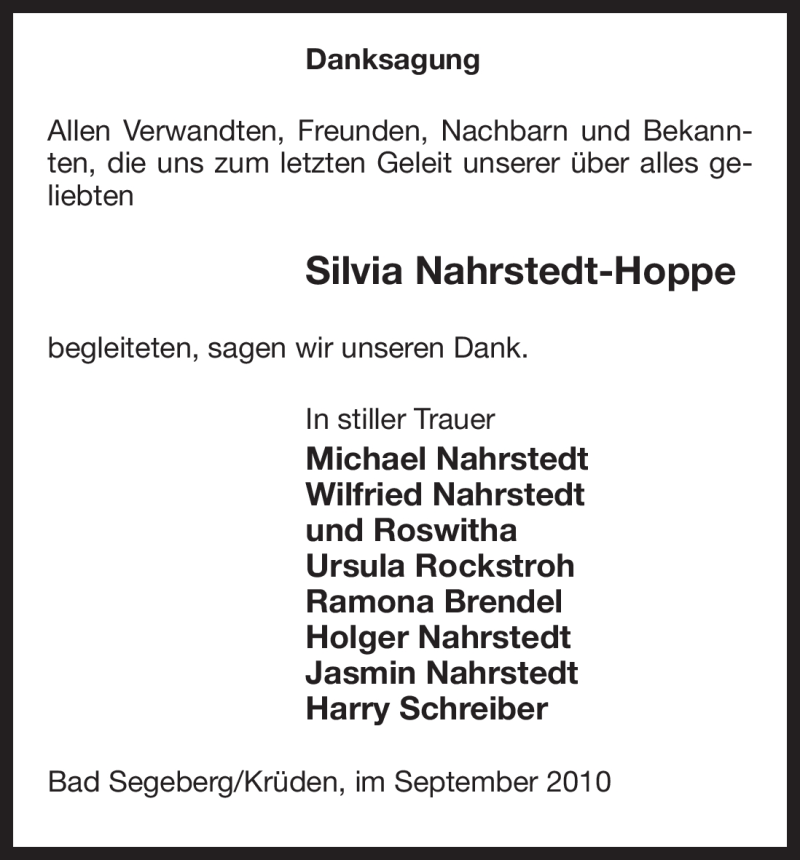 Traueranzeige für Silvia Nahrstedt-Hoppe vom 12.10.2010 aus ALLGEMEINE ZEITUNG UELZEN