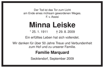 Traueranzeige von Minna Leiske von ALLGEMEINE ZEITUNG UELZEN