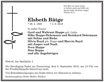 Traueranzeige von Elsbeth Bätge von ALLGEMEINE ZEITUNG UELZEN