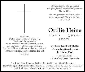 Traueranzeige von Ottilie Heine von ALLGEMEINE ZEITUNG UELZEN