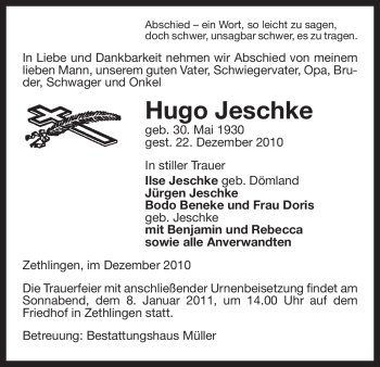 Traueranzeige von Hugo Jeschke von ALLGEMEINE ZEITUNG UELZEN