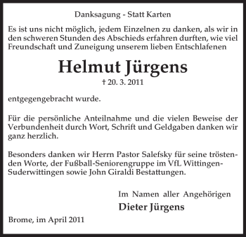 Traueranzeige von Helmut Jürgens von ALLGEMEINE ZEITUNG UELZEN