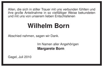 Traueranzeige von Wilhelm Born von ALLGEMEINE ZEITUNG UELZEN