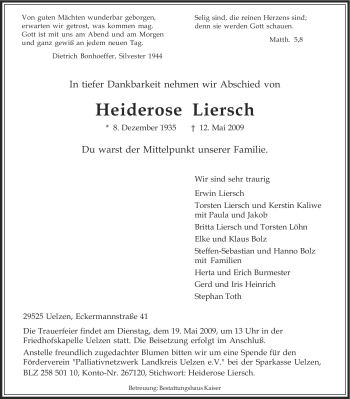Traueranzeige von Heiderose Liersch von ALLGEMEINE ZEITUNG UELZEN