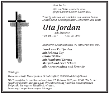 Traueranzeige von Uta Jordan von ALLGEMEINE ZEITUNG UELZEN