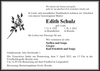 Traueranzeige von Edith Schulz von ALLGEMEINE ZEITUNG UELZEN