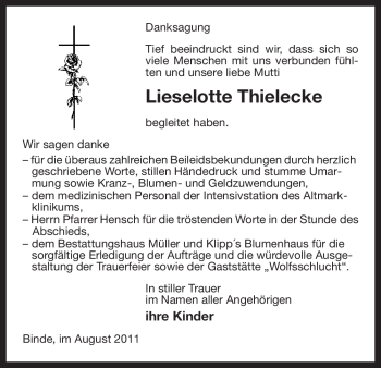 Traueranzeige von Lieselotte Thielecke von ALLGEMEINE ZEITUNG UELZEN