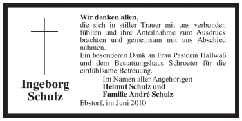 Traueranzeige von Ingeborg Schulz von ALLGEMEINE ZEITUNG UELZEN