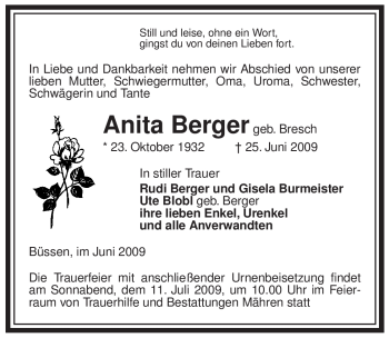 Traueranzeige von Anita Berger von ALLGEMEINE ZEITUNG UELZEN