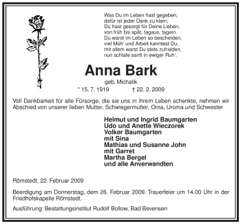 Traueranzeige von Anna Bark von ALLGEMEINE ZEITUNG UELZEN