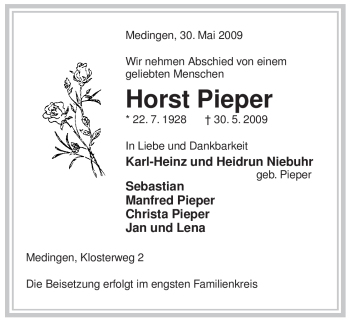 Traueranzeige von Horst Pieper von ALLGEMEINE ZEITUNG UELZEN