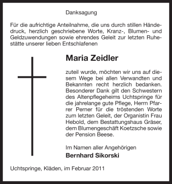 Traueranzeige von Maria Zeidler von ALLGEMEINE ZEITUNG UELZEN