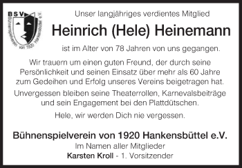 Traueranzeige von Heinrich Heinemann von Uelzen