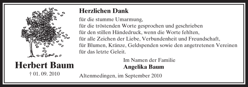  Traueranzeige für Herbert Baum vom 25.09.2010 aus ALLGEMEINE ZEITUNG UELZEN