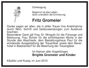 Traueranzeige von Fitz Gromeier von ALLGEMEINE ZEITUNG UELZEN