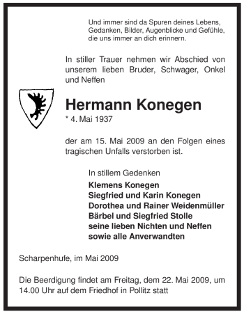 Traueranzeige von Hermann Konegen von ALLGEMEINE ZEITUNG UELZEN