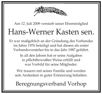 Traueranzeige von Hans-Werner Kasten von ALLGEMEINE ZEITUNG UELZEN